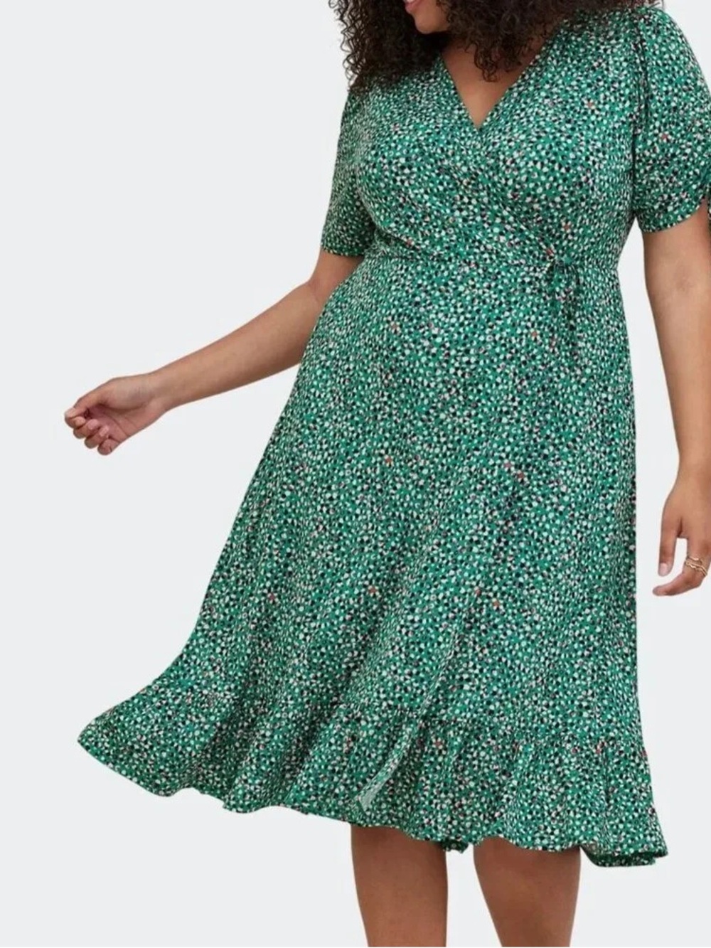 Torrid Green Floral Wrap Midi Dress V Neck Ruffle Hem Short Sleeve Cottagecore